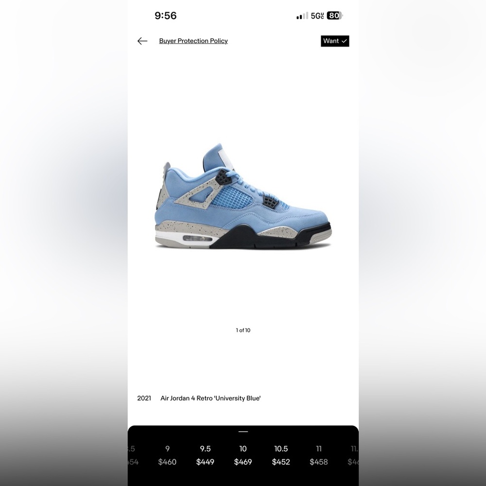 University blue size 10 Jordan 4s